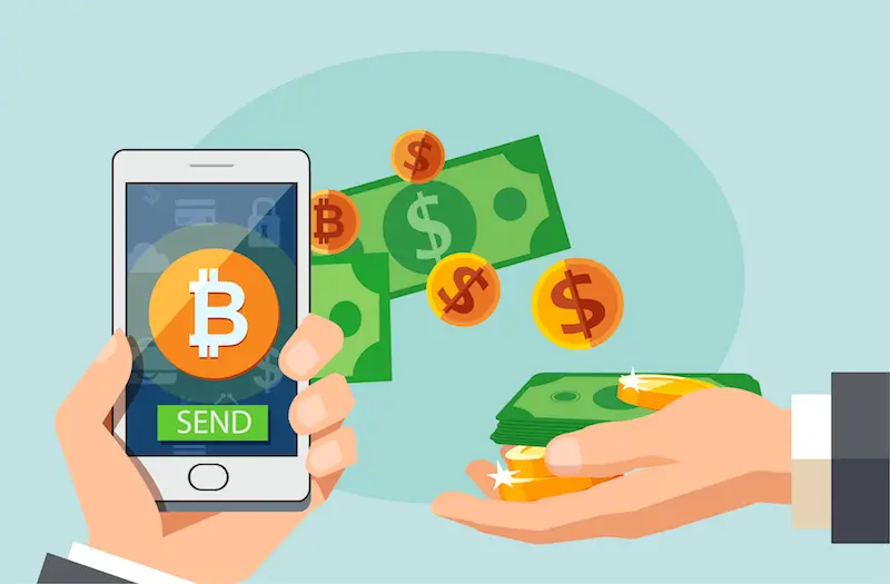 Ілюстрація: переказ біткоїна зі смартфона в обмін на готівку